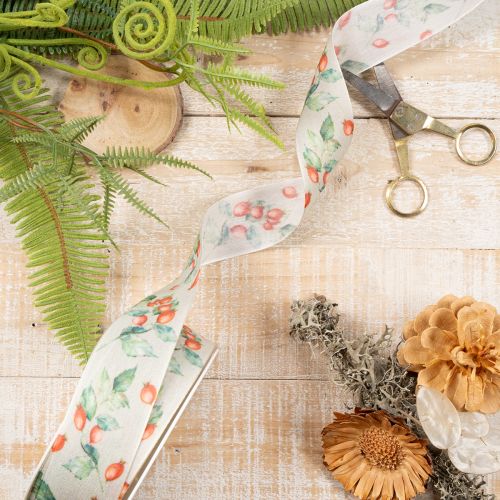 Geschenkband aus Polyester mit Hagebuttenmotiv und Blättern, 40 mm breit, 18 m lang | Floristik24.ch