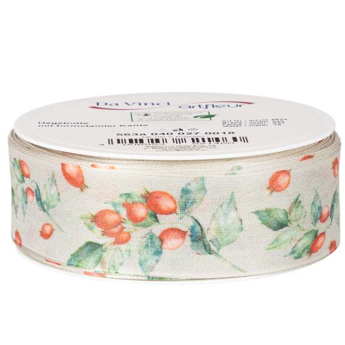 Geschenkband aus Polyester mit Hagebuttenmotiv und Blättern, 40 mm breit, 18 m lang | Floristik24.ch