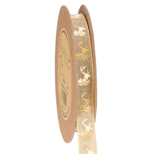 Dekoband aus Polyester mit Hirschmotiv 15mm x 15m in Braun-Gold für Weihnachtsdekorationen