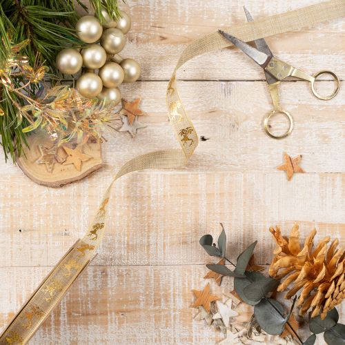 Dekoband aus Polyester mit Hirschmotiv 15mm x 15m in Braun-Gold für Weihnachtsdekorationen | Floristik24.ch