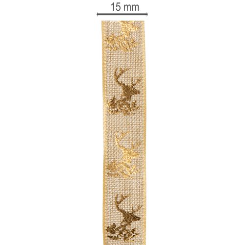 Dekoband aus Polyester mit Hirschmotiv 15mm x 15m in Braun-Gold für Weihnachtsdekorationen | Floristik24.ch