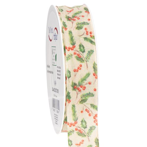 Dekoband mit Stechpalmen und Beeren Polyester 25mm 18m Beige Grün Rot Innenbereich | Floristik24.ch