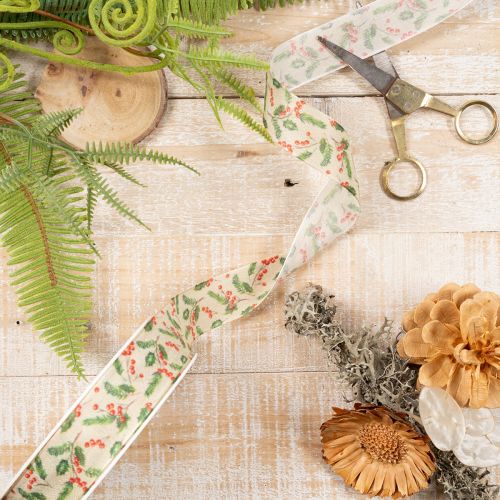 Dekoband mit Stechpalmen und Beeren Polyester 25mm 18m Beige Grün Rot Innenbereich | Floristik24.ch
