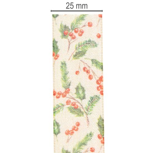 Dekoband mit Stechpalmen und Beeren Polyester 25mm 18m Beige Grün Rot Innenbereich | Floristik24.ch