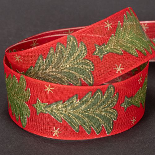 Geschenkband Stoff 40mm 15m Tannenbaum und Sterne Rot Grün Gold | Floristik24.ch