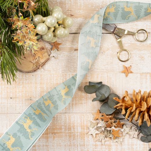 Artikel Stoffgeschenkband mit Rentier- und Tannenbaum-Motiv 40 mm x 18 m hellblau