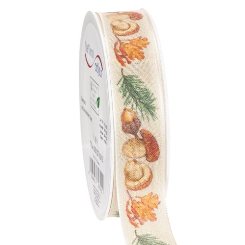 Dekoband aus Polyester 25mm x 18m Pilze und Herbstlaub Beige