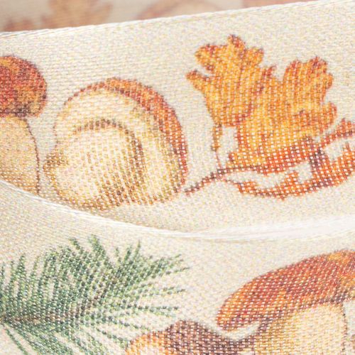 Dekoband aus Polyester 25mm x 18m Pilze und Herbstlaub Beige | Floristik24.ch