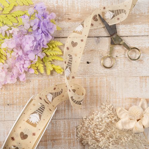 Dekoband Stoff beige mit Wichteln und Herzen 40mm x 15m für Weihnachtsdekoration | Floristik24.ch