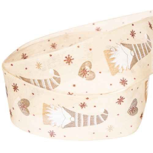 Dekoband Stoff beige mit Wichteln und Herzen 40mm x 15m für Weihnachtsdekoration | Floristik24.ch