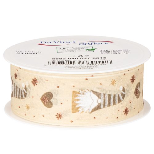 Dekoband Stoff beige mit Wichteln und Herzen 40mm x 15m für Weihnachtsdekoration | Floristik24.ch