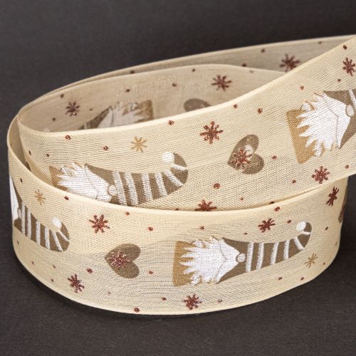 Dekoband Stoff beige mit Wichteln und Herzen 40mm x 15m für Weihnachtsdekoration | Floristik24.ch