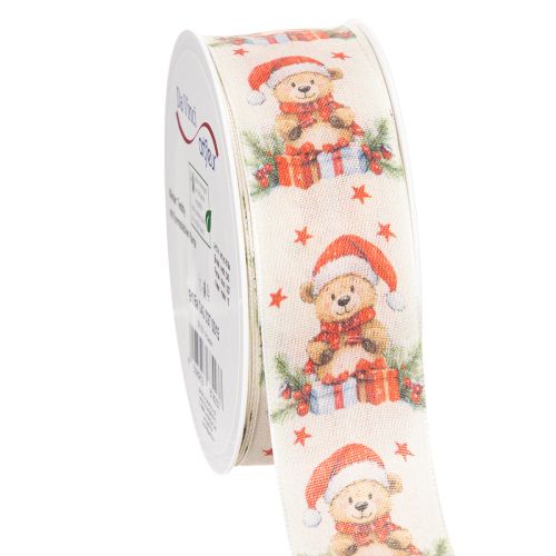 Geschenkband aus Stoff mit Bärenmotiv 40mm x 15m in Creme, Rot und Grün für Weihnachtsdekoration