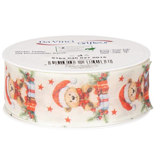 Geschenkband aus Stoff mit Bärenmotiv 40mm x 15m in Creme, Rot und Grün für Weihnachtsdekoration | Floristik24.ch