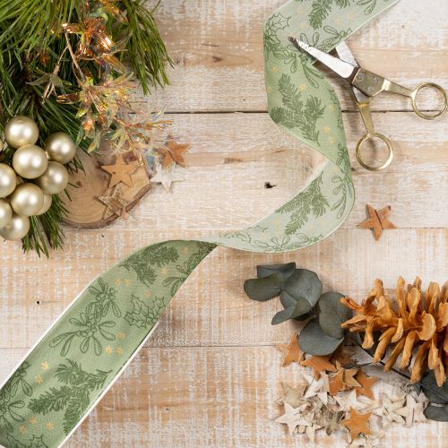 Geschenkband Stechpalme und Mistel Grün 40 mm x 15 m Polyester | Floristik24.ch