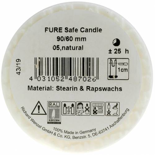 Floristik24 PURE Nature Safe Candle Stumpenkerze Stearin, Rapswachs 90/60mm Weiß 1 St