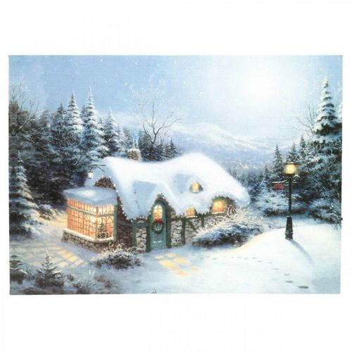 Floristik24 LED-Wandbild Winterlandschaft mit Haus 38×28cm Für Batterie