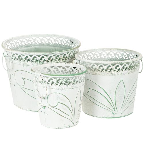 Blech-Pflanzkübel mit Prägung, Weiss-Grün, Shabby Chic, 3er-Set, H22/19,5/17,5cm Ø25,5/20,5/15,5cm online kaufen | Floristik24.ch