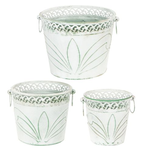 Blech-Pflanzkübel mit Prägung, Weiss-Grün, Shabby Chic, 3er-Set, H22/19,5/17,5cm Ø25,5/20,5/15,5cm | Floristik24.ch