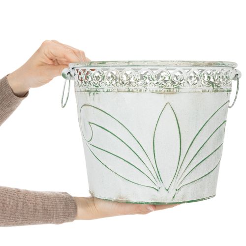 Blech-Pflanzkübel mit Prägung, Weiss-Grün, Shabby Chic, 3er-Set, H22/19,5/17,5cm Ø25,5/20,5/15,5cm | Floristik24.ch