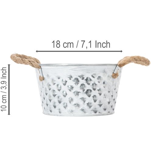 Blechschale mit Seilgriffen aus Metall Ø18cm H10cm Weiss Silber für Innen- und Aussenbereich | Floristik24.ch