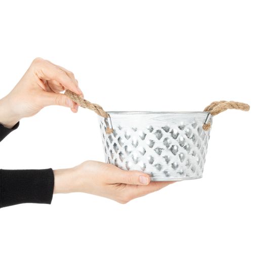 Blechschale mit Seilgriffen aus Metall Ø18cm H10cm Weiss Silber für Innen- und Aussenbereich | Floristik24.ch