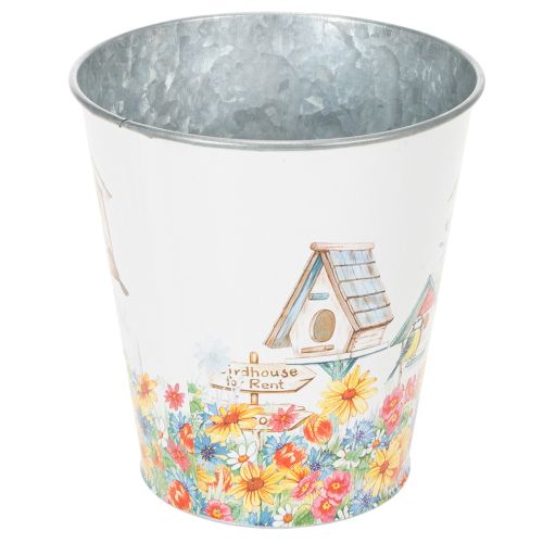 Blechtopf aus Metall mit Vogelhaus-Motiv, Pflanzgefäss 14,5 cm hoch, Ø 13,5 cm, bunt | Floristik24.ch