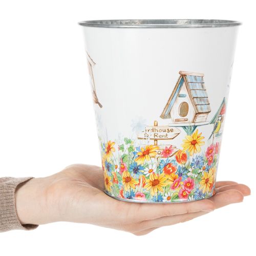 Blechtopf aus Metall mit Vogelhaus-Motiv, Pflanzgefäss 14,5 cm hoch, Ø 13,5 cm, bunt | Floristik24.ch