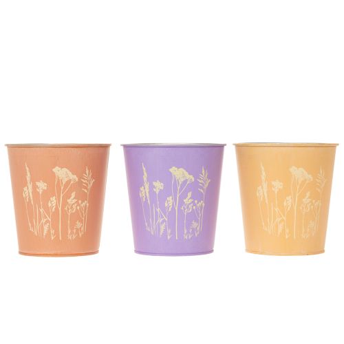 Blumentopf-Set rund aus Metall 12cm in Pastellfarben mit filigranem Blütenmotiv | Floristik24.ch