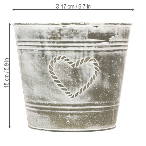 Blumentopf aus Metall Shabby Chic Herz Grau-Weiss Ø17,5cm H15,5cm | Floristik24.ch