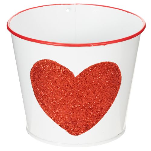 Metall-Blumentopf Weiss mit Herzmotiv Rot Ø13cm H10,5cm für Pflanzen online kaufen | Floristik24.ch
