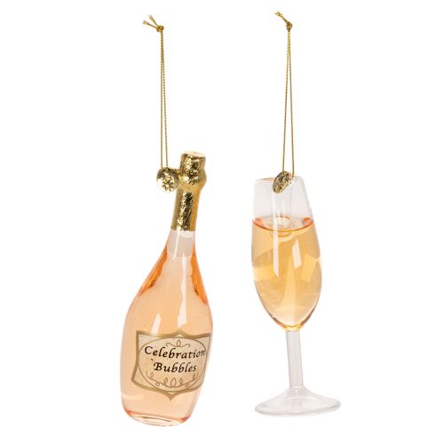 Baumanhänger-Set aus Glas Sektflasche und Sektglas 14cm Roségold 2 Stück