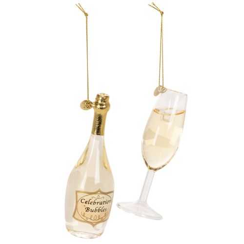 Sektflasche und Sektglas Anhänger-Set aus Glas 14cm Dekoration für Weihnachten und Silvester