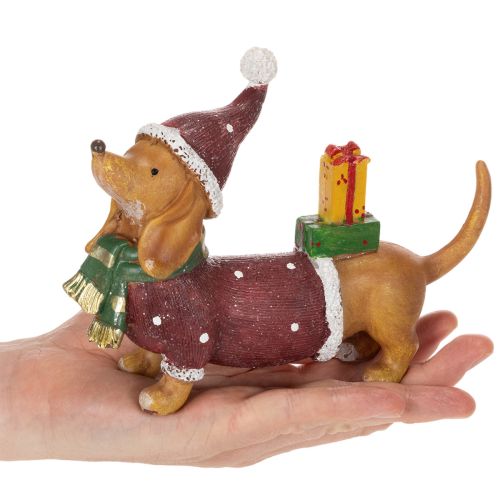 Dekofigur Dackel aus Polyresin 18 cm Rot-Grün-Braun für Weihnachten | Floristik24.ch
