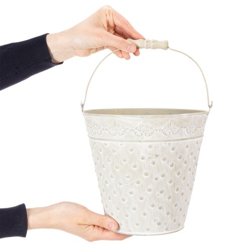 Deko-Eimer aus Metall Weiss Ø20,5 cm mit Holz-Henkel für Pflanzen und Dekoration | Floristik24.ch