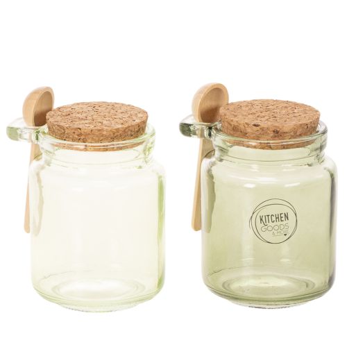 Dekogläser aus grünem Glas mit Korkdeckel und Holzlöffel – Ø 7 cm, H 10 cm, 2 Stück