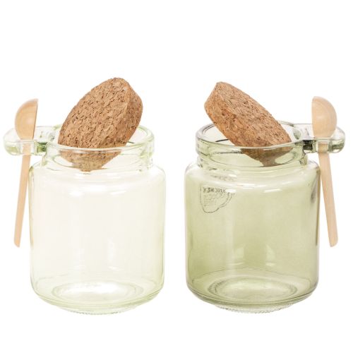 Dekogläser aus grünem Glas mit Korkdeckel und Holzlöffel – Ø 7 cm, H 10 cm, 2 Stück | Floristik24.ch