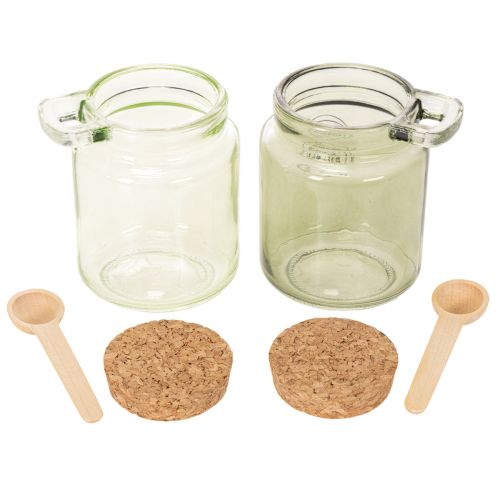 Dekogläser aus grünem Glas mit Korkdeckel und Holzlöffel – Ø 7 cm, H 10 cm, 2 Stück | Floristik24.ch