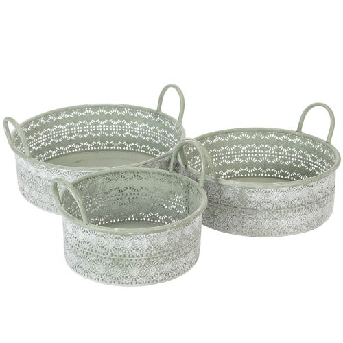 Deko-Schale Metall mit Griffen im 3er-Set Ø23/28/32cm Weiss-Gewaschen Grün Vintage Look online kaufen | Floristik24.ch