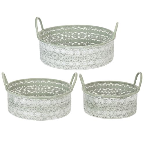 Deko-Schale Metall mit Griffen im 3er-Set Ø23/28/32cm Weiss-Gewaschen Grün Vintage Look | Floristik24.ch