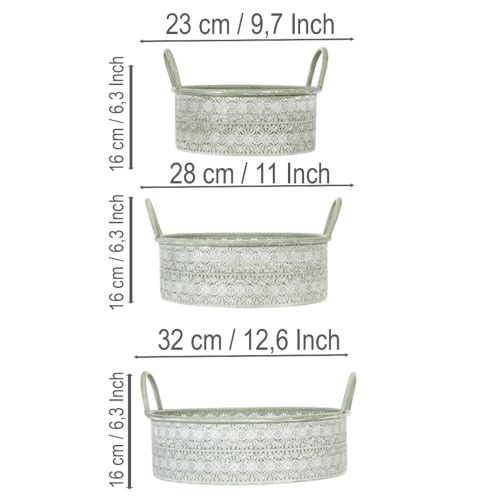 Artikel Deko-Schale Metall mit Griffen im 3er-Set Ø23/28/32cm Weiss-Gewaschen Grün Vintage Look