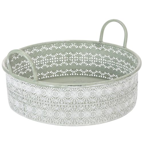 Deko-Schale Metall mit Griffen im 3er-Set Ø23/28/32cm Weiss-Gewaschen Grün Vintage Look | Floristik24.ch