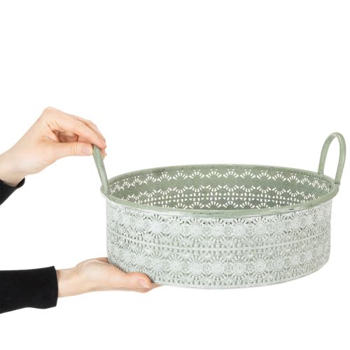 Artikel Deko-Schale Metall mit Griffen im 3er-Set Ø23/28/32cm Weiss-Gewaschen Grün Vintage Look