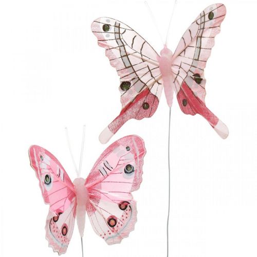 Floristik24 Deko-Schmetterlinge Rosa Federschmetterling am Draht 7,5cm 6St