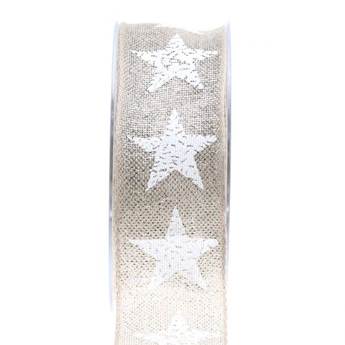 Floristik24 Weihnachtsband mit Sternmuster Natur, Silber 40mm 15m
