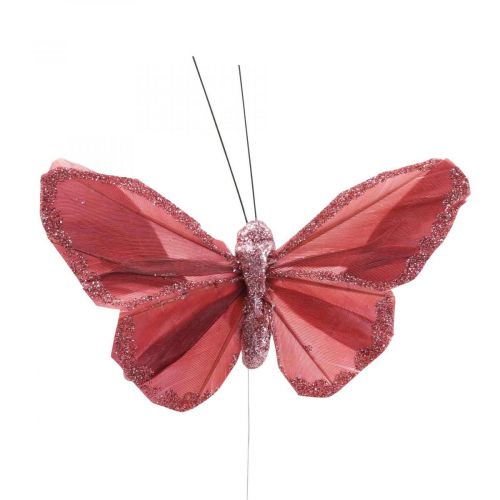 Floristik24 Deko-Schmetterling am Draht Federschmetterling Rosa 10×6cm 12St