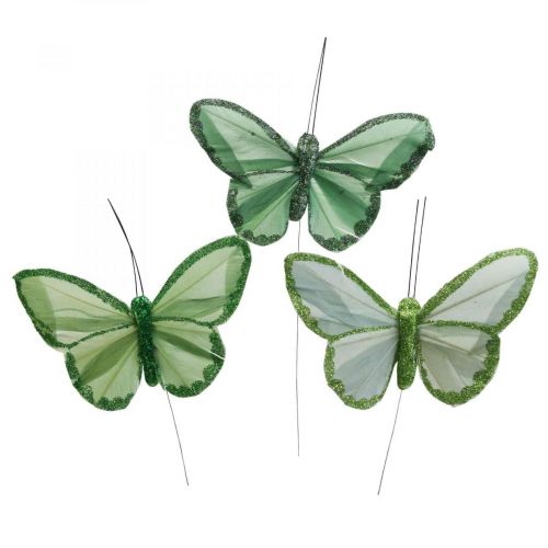Floristik24 Deko-Schmetterlinge Grün Federschmetterlinge am Draht 10cm 12St