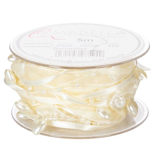 Dekoband Creme mit Herzen und Perlen 10mm x 5m für Hochzeitsdekoration | Floristik24.ch