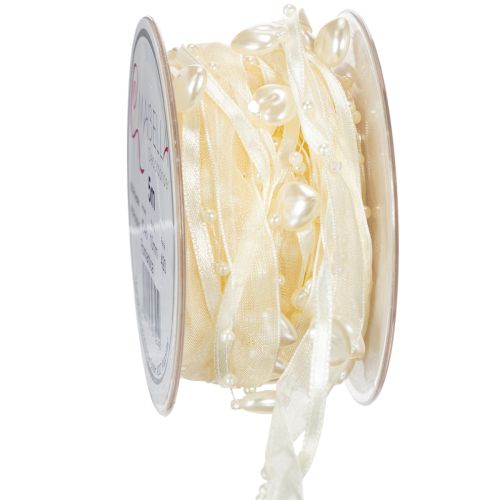 Dekoband Creme mit Herzen und Perlen 10mm x 5m für Hochzeitsdekoration online kaufen | Floristik24.ch