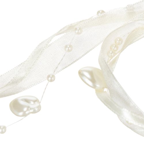 Dekoband Creme mit Herzen und Perlen 10mm x 5m für Hochzeitsdekoration | Floristik24.ch